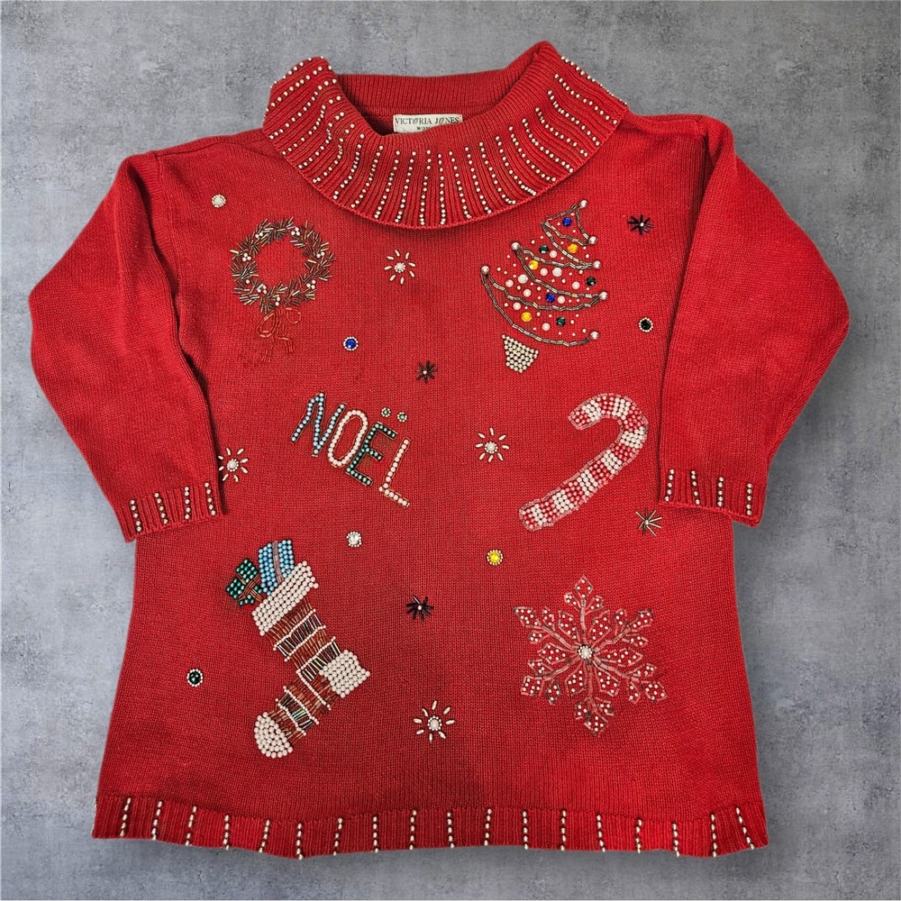 Vintage Victoria Jones Woman Beaded Christmas Tree Candy Cane Ugly Sweater 1X